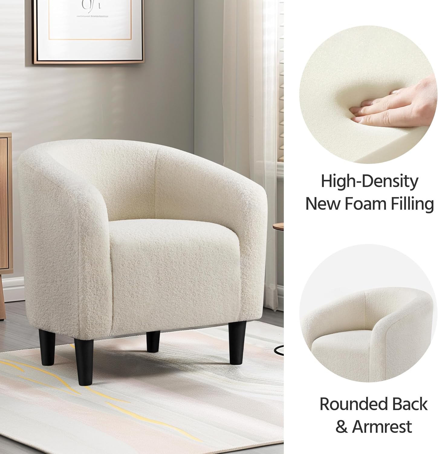 Yaheetech Accent Barrel Chair, Boucle Fabric Club Chair, Furry Sherpa Elegant Armchair with Cozy Soft Padded, Suitable for Living Room Bedroom Reception Room Office, Ivory
