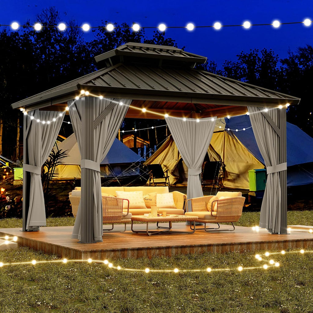 Garvee 10x12 ft Hardtop Gazebo, Outdoor Heavy Duty Galvanized Aluminum Framed Double Roof Pavilion with Netting and Curtains, Waterproof Metal Roof Gazebo for Backyard, Patio, Deck and Poolside, Grey