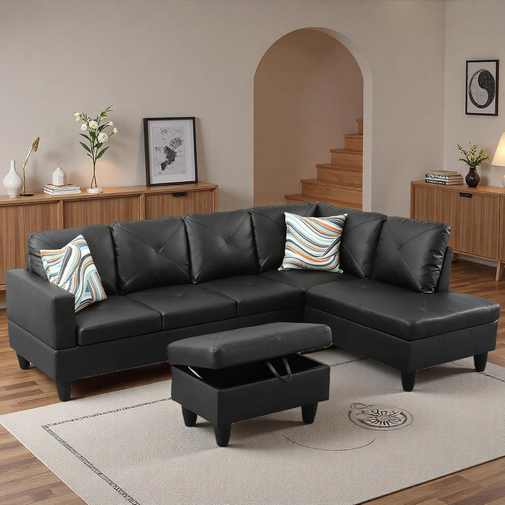 97.5' L Shaped Couch Set, Modular Sectional Couches for Living Room with Storage Ottoman, 4 Seat Home Sofa Living Room Furniture Sets with Chaise for Apartment Office (Faux Leather, Black)