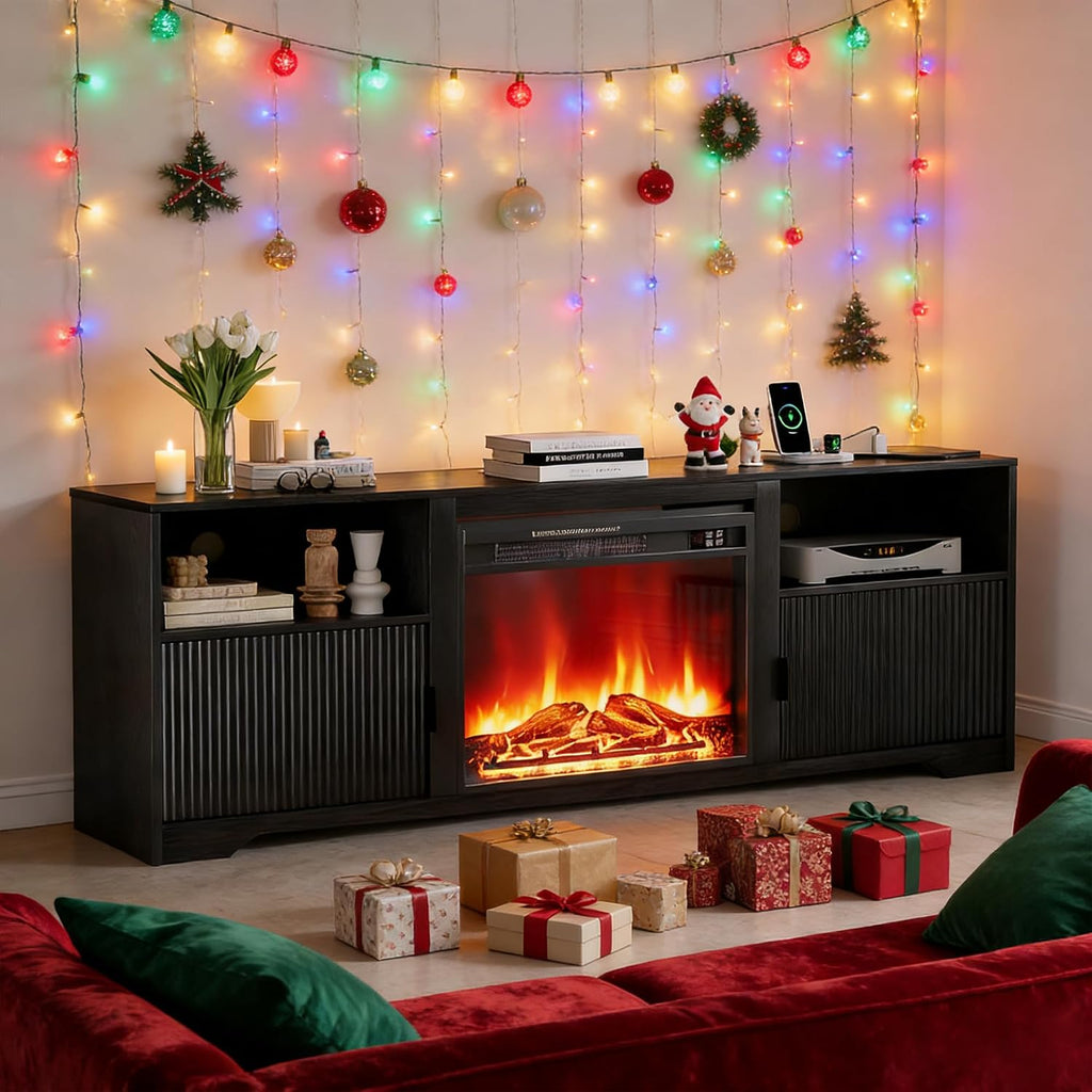 Mxtxmy Fireplace TV Stand for Television up to 80 Inch,Entertainment Center with Adjustable Shelf,Mid-Century Modern Fluted TV Stand with 23' Electric Fireplace,Media Console for Living Room,Bedroom