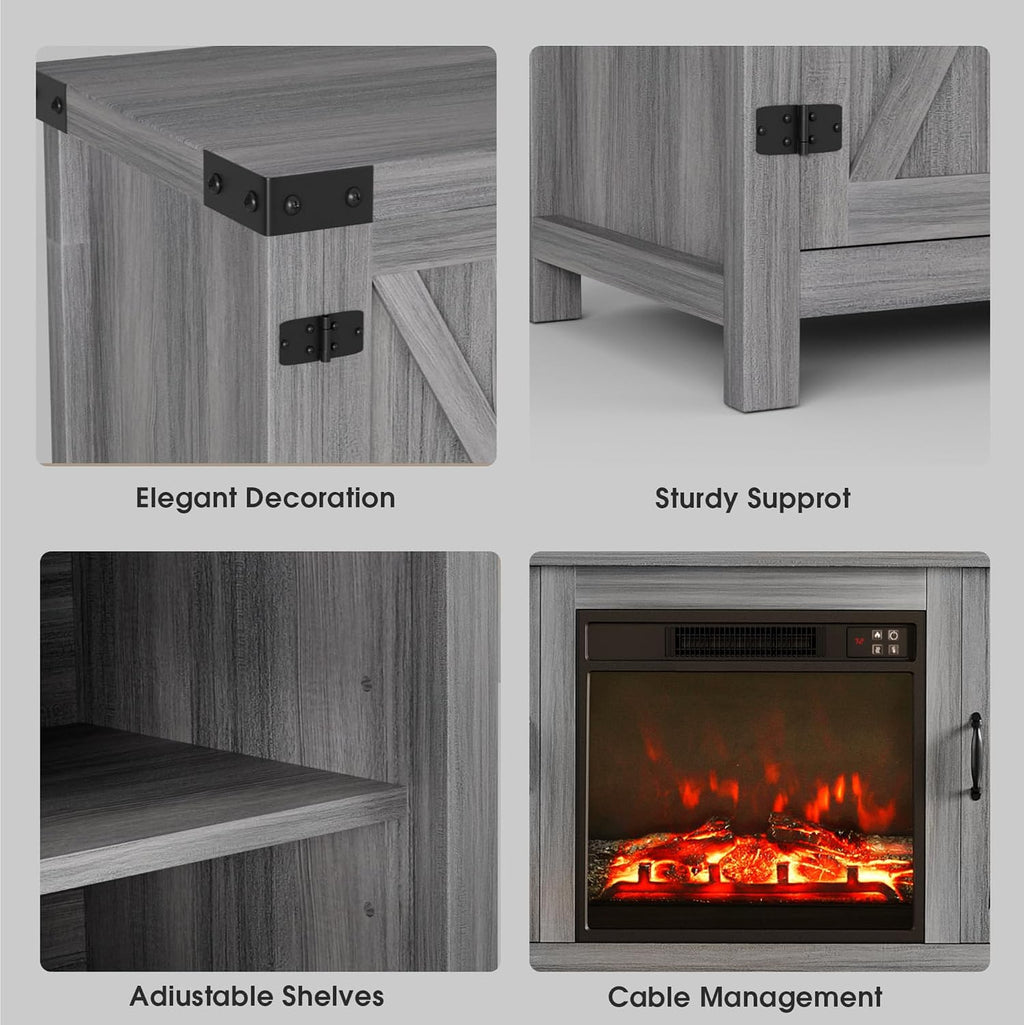 JUMMICO Fireplace TV Stand, Farmhouse Entertainment Center with Fireplace and Shelves, Double Barn Doors Storage Cabinets for TVs to 65+ Inch for Living Room (Grey)