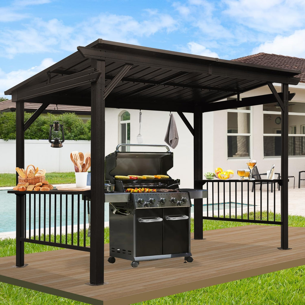 Domi 6.5x12FT Hardtop Grill Gazebo, Outdoor BBQ Gazebo with Galvanized Steel Sloping Roof, Metal Permanent Sun Shade Grill Canopy Shelter with 2 Side Shelves and Ceiling Hooks for Patio Yard, Brown