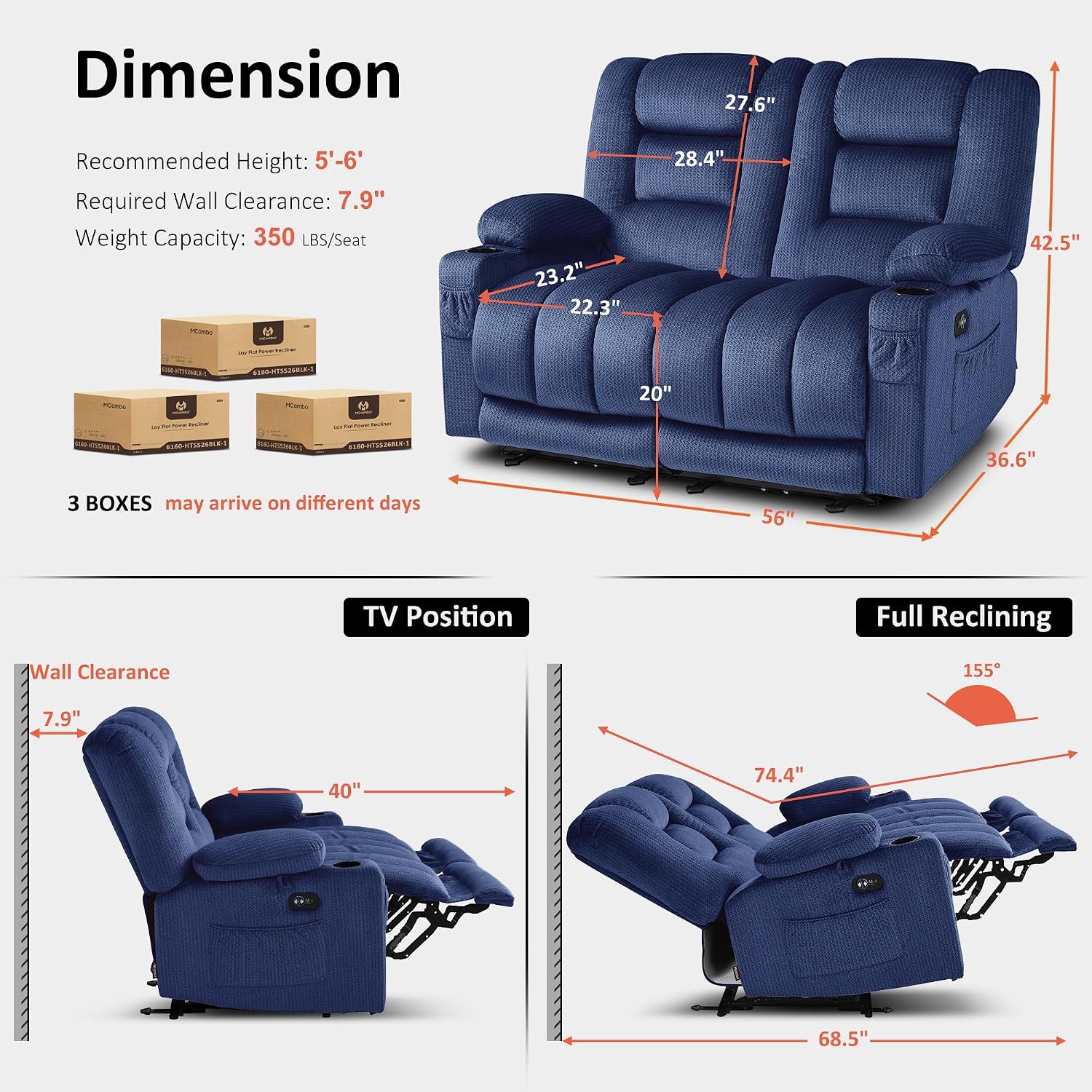 MCombo 55.9' Zero Gravity Power Loveseat Recliner with Heat and Vibration Massage, Reclining Loveseat Sofa with USB Ports, Cup Holders for Living Room, Fabric PR648SET (Navy Blue)