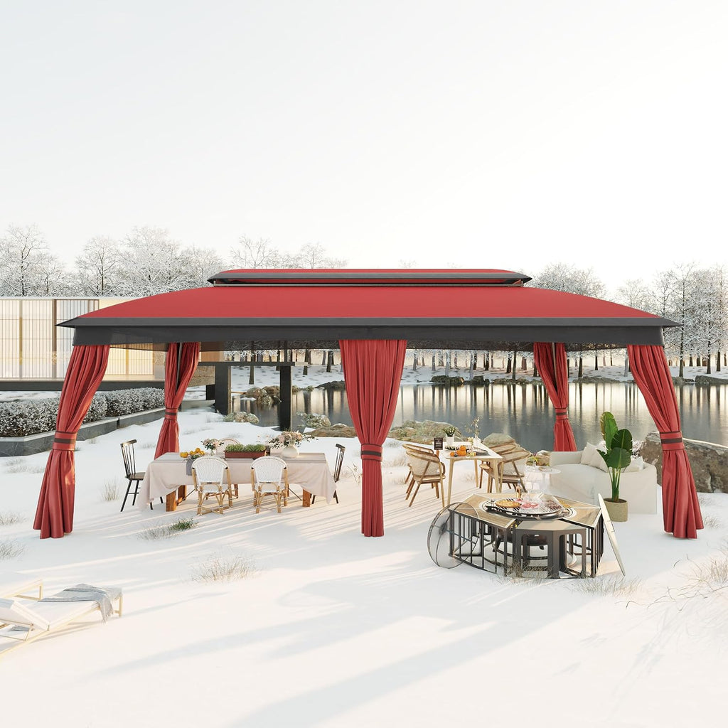 Outdoor Patio Gazebo 10'x20', CPAI-84 Heavy Duty Party Tent & Shelter with Double Roofs, Mosquito Netting and Privacy Curtains for Backyard, Garden, Lawn, Red
