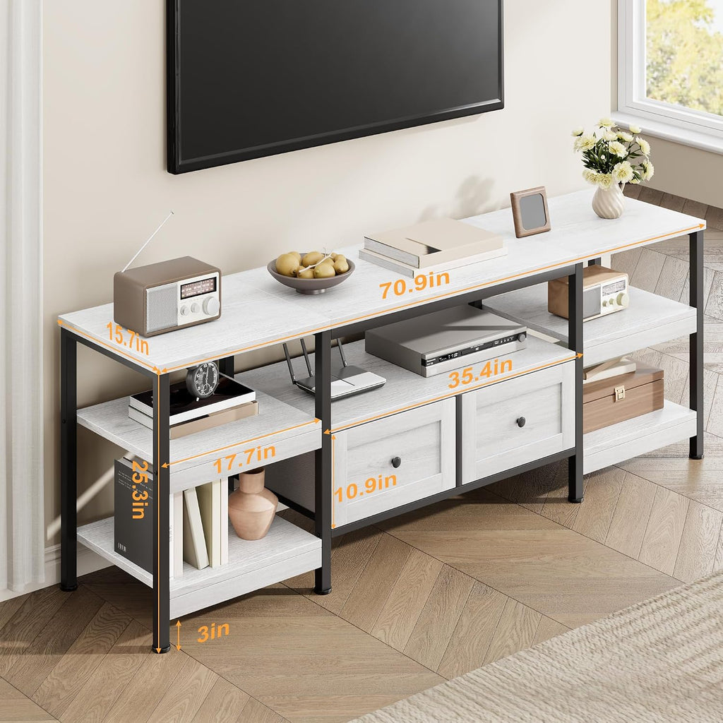 GarveeHome Rustic 71 in TV Stand for TVs Up to 75', Industrial Media Console with 2 Drawers and Open Storage Shelves, Sturdy Metal Frame Entertainment Center, White