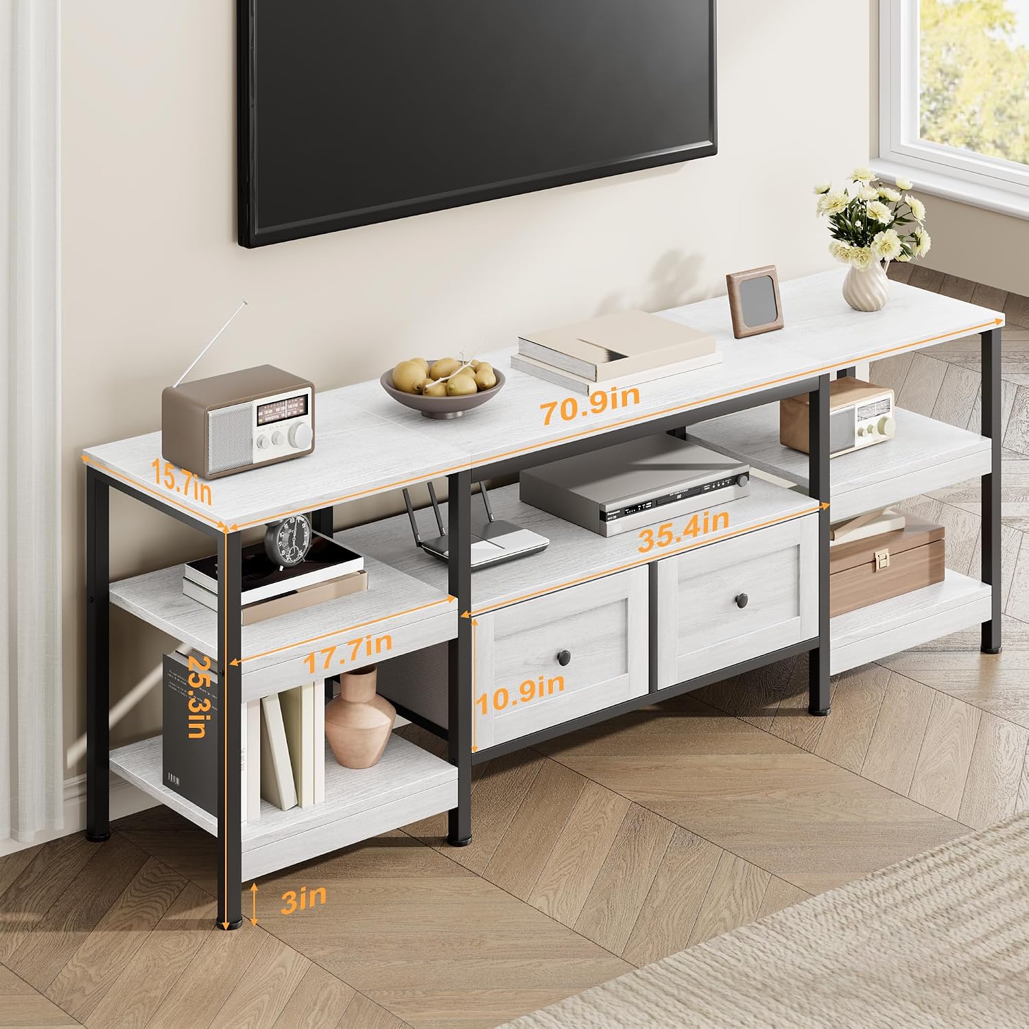 GarveeHome Rustic 71 in TV Stand for TVs Up to 75', Industrial Media Console with 2 Drawers and Open Storage Shelves, Sturdy Metal Frame Entertainment Center, White