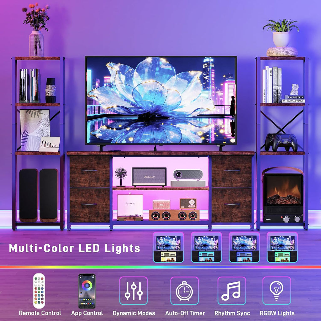 LED TV Stand Bookshelf Combo with Charging Station for 65 60 55 Inch TV, Entertainment Center with Lights & Drawers, Industrial Media TV Console Table for Living Room Bedroom Office, Rustic Brown
