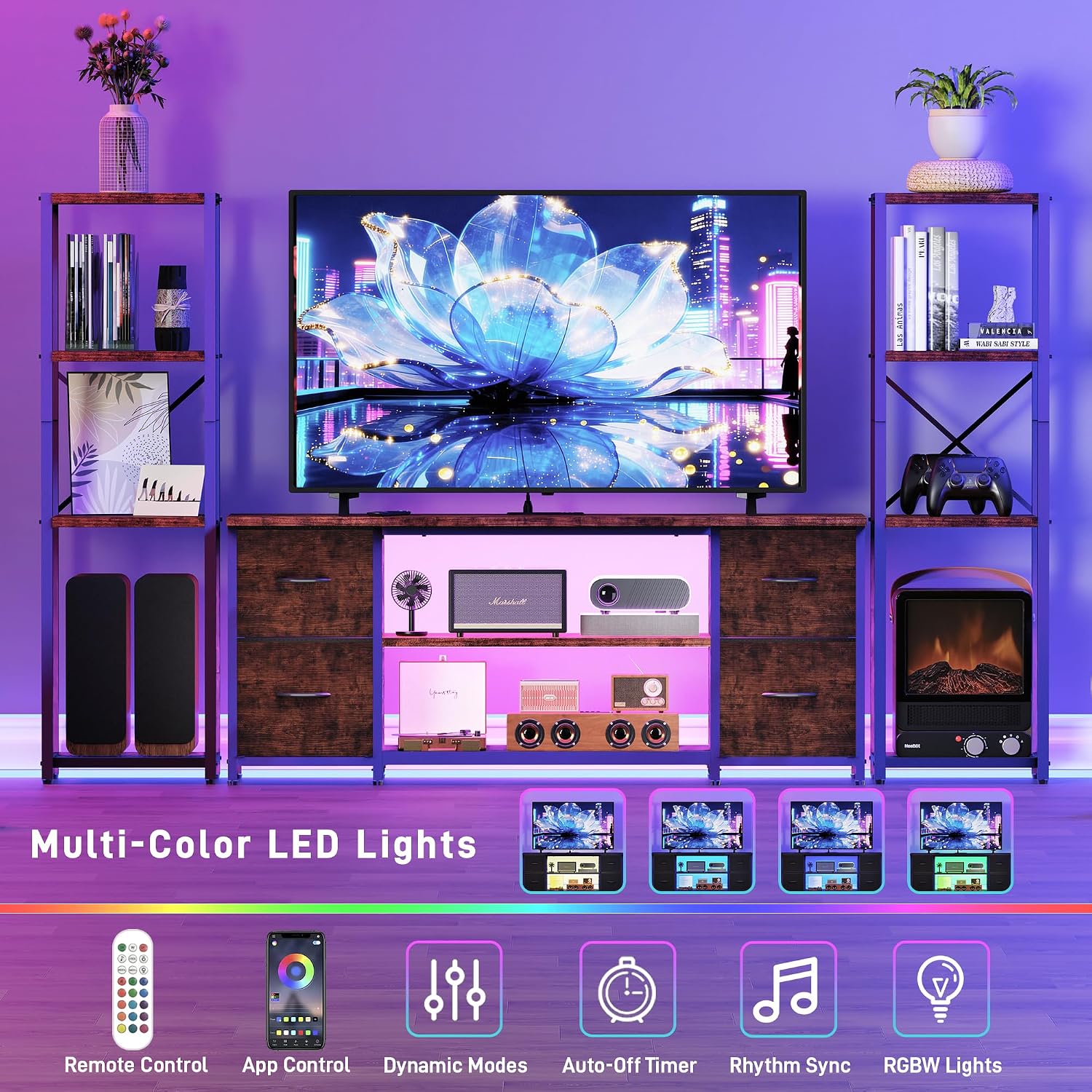 LED TV Stand Bookshelf Combo with Charging Station for 65 60 55 Inch TV, Entertainment Center with Lights & Drawers, Industrial Media TV Console Table for Living Room Bedroom Office, Rustic Brown