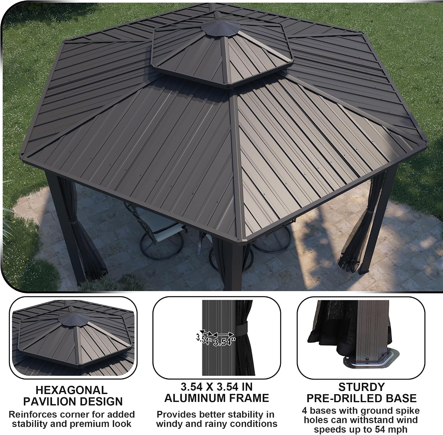 15x15FT Hexagon Hardtop Gazebo Heavy Duty Aluminum Frame Outdoor Gazebo Pergola Pavilion with Galvanized Steel Double Roof, Nettings & Ceiling Hook for Patio Backyard Deck Lawns