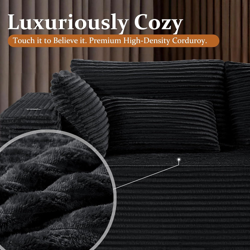 108' Cloud Sectional Couch, Comfort U Shaped Boneless Couch for Living Room, Extra Deep Seats No Assembly, Minimalist Modular Sofa, Corduroy (Black, Right Facing Chaise+2 Seater+Ottoman)