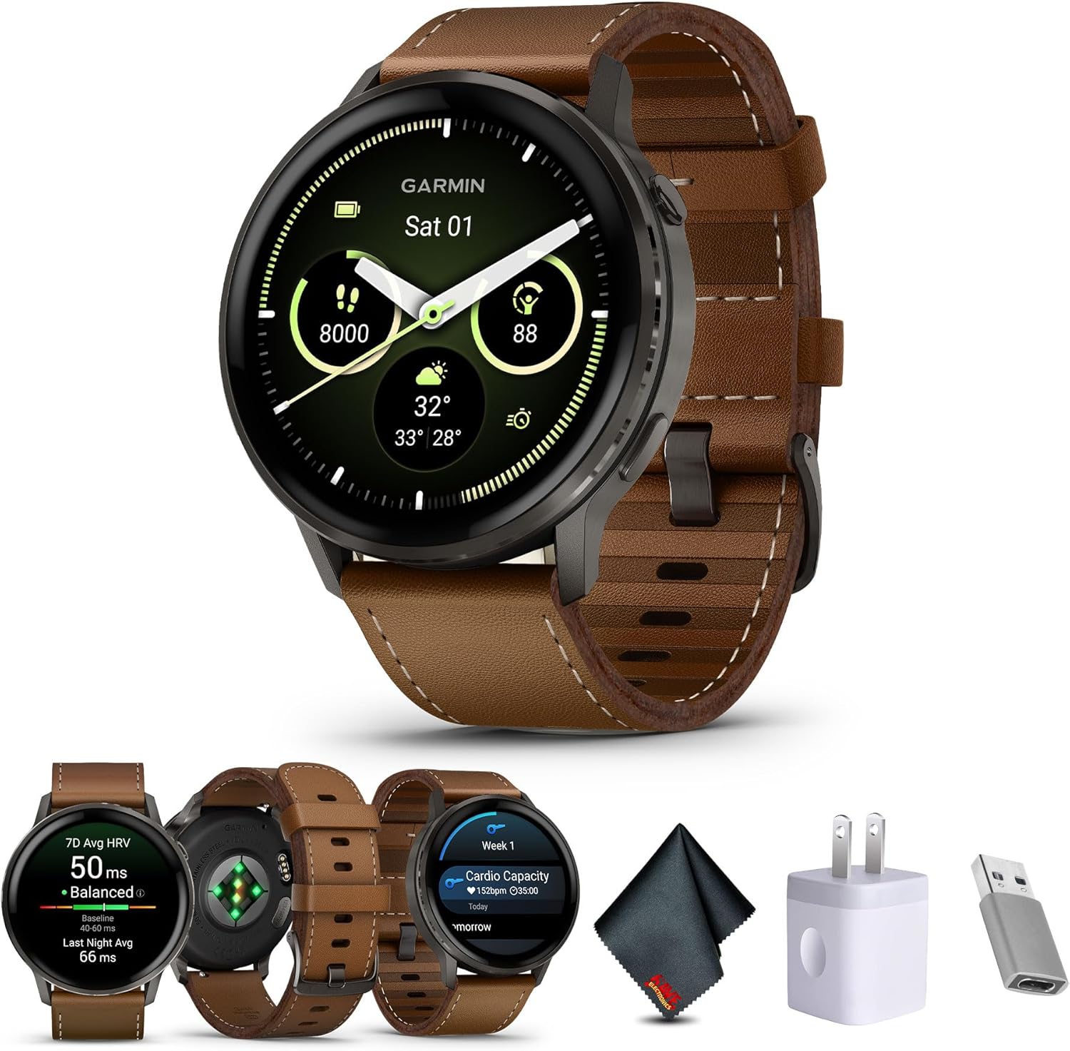 Garmin Venu 4, 45mm, Advanced Fitness Tracker GPS Smartwatch, 1.4' AMOLED Display, Built-in Flashlight, 12 Days of Battery Life, Slate with Brown Leather Band (Watch Bundle)