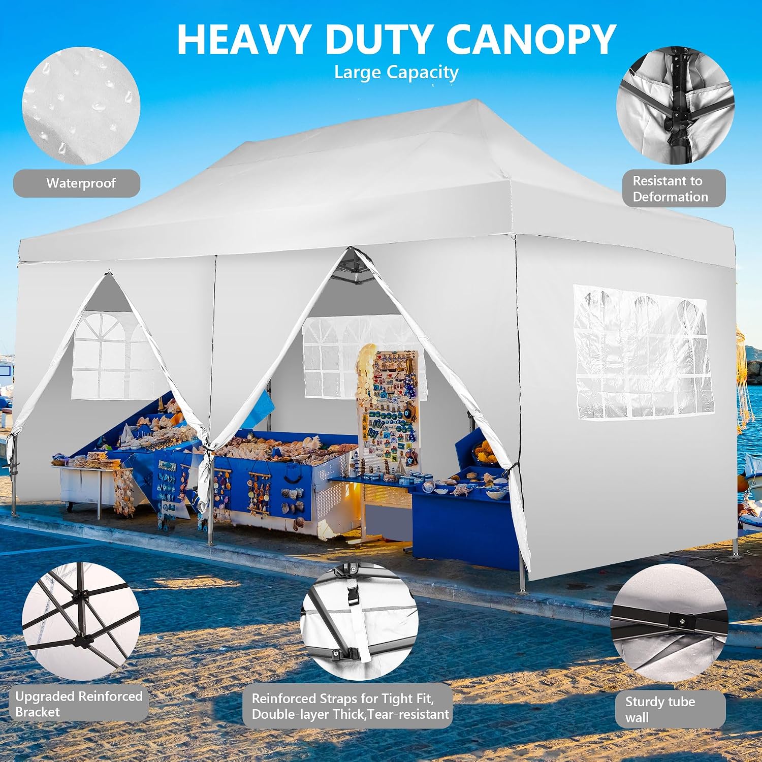 GDY 10'x20' Pop Up Canopy, Folding Party Tent with 6-Panel Removable Sidewalls, Heavy Duty Outdoor Commercial Instant Gazebo with Wheeled Bag, White.