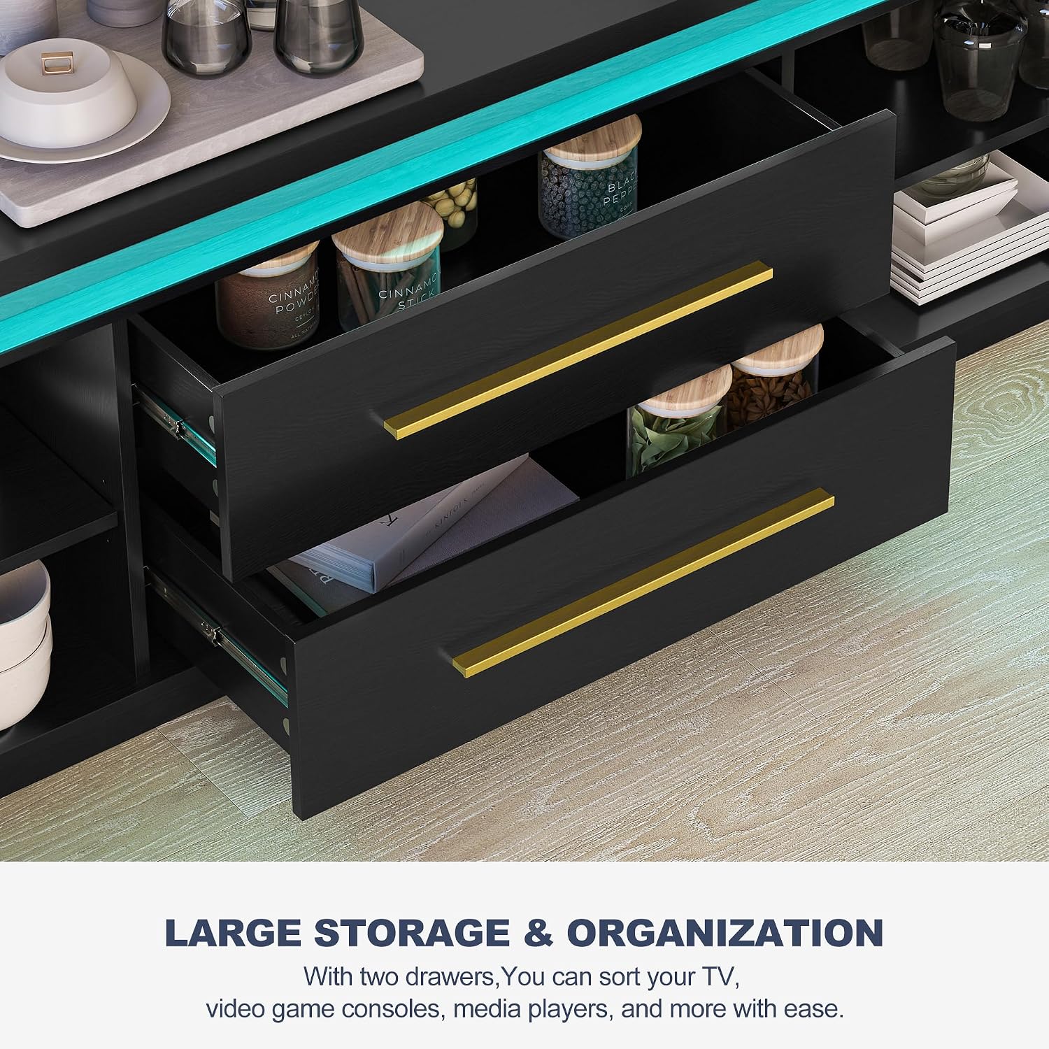 BELLEZE 67' TV Stand for TV up to 75', Modern Entertainment Center with LED Lights Change to Melody of Music, Media Console Table with Cabinets and Drawers for Living Room, Bedroom - Studio (Black)