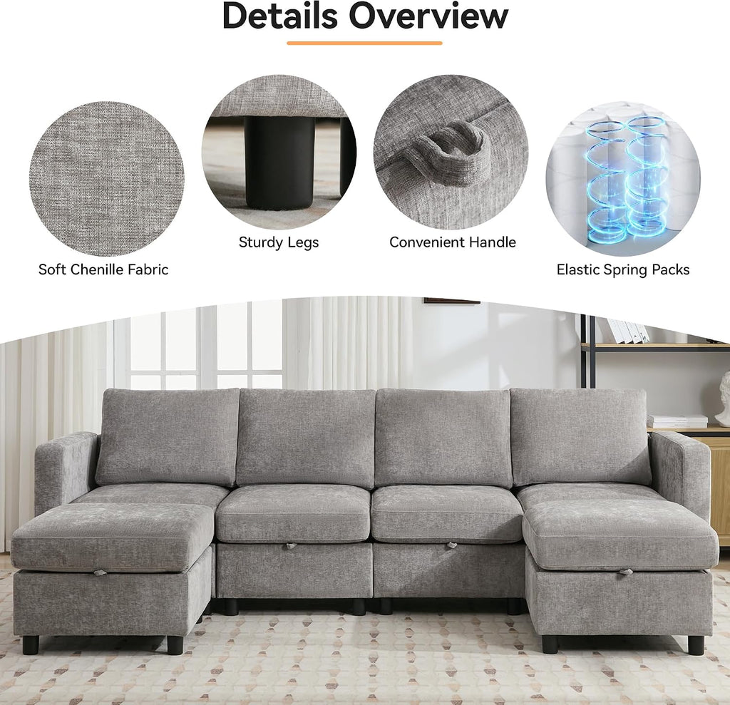 WUTUTUEE 58'Modular Sectional Loveseat Sofa, Modern Love Seat 2 Seater Sofa Couch with Storage, Chenille Modular Sectional Couch for Living Room, Bedroom, Office, Small Apartment, Light Grey