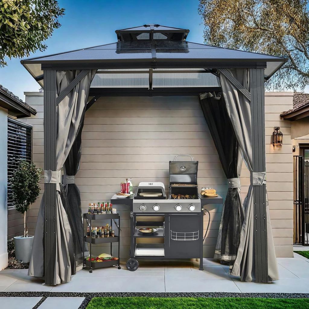 ENDARK 8'x8' Double Roof BBQ Gazebo with Polycarbonate Top, Aluminum Frame, Galvanized Steel, and Double Layer Curtains for Patio and Backyard
