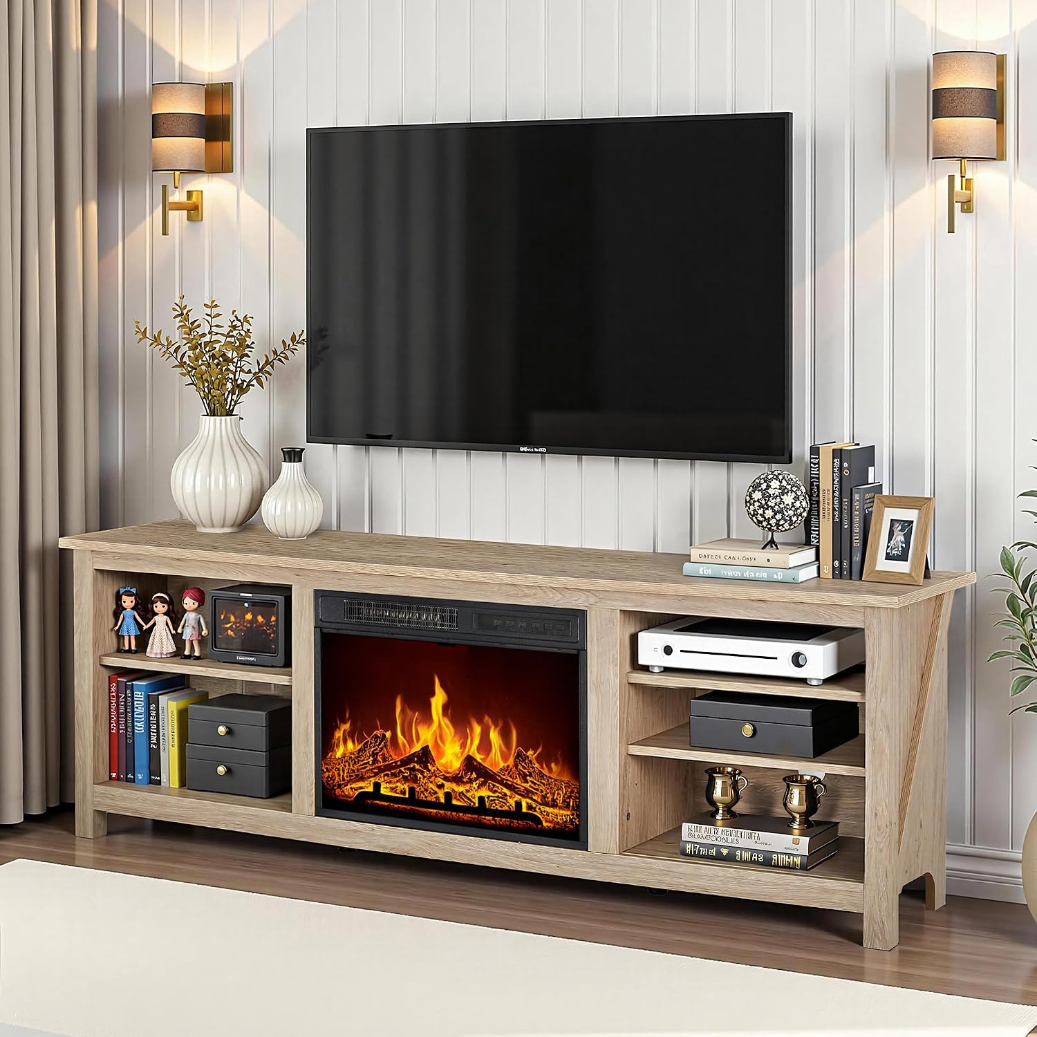 AMERLIFE Fireplace TV Stand, Wood Texture Entertainment Center with 23' Electric Fireplace, Farmhouse Entertainment Stand Media TV Console for TVs Up to 80', 70 inches, Natural Oak