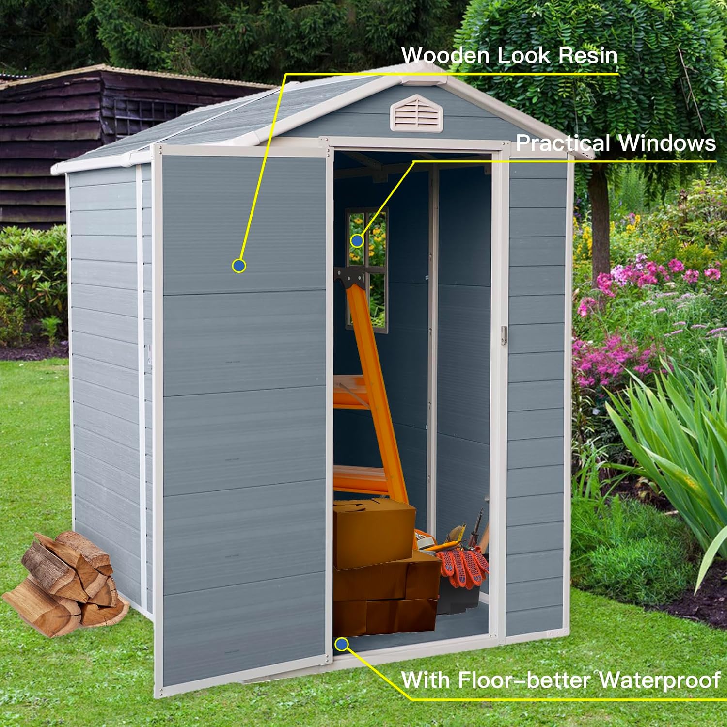 4x6 ft Outdoor Resin Storage Shed with Floor, Waterproof Plastic Garden Shed with Lockable Door and Windows, All-Weather Tool Sheds for Backyard, Patio, Lawn (Grey)