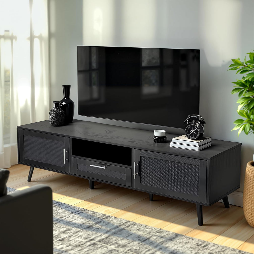 Finnhomy 59 Inch Boho TV Stand for up to 70 inch TV, TV Console with 2 Hand Made Rattan Decorated Doors, Living Room Entertainment Center TV Table with Storage, Black
