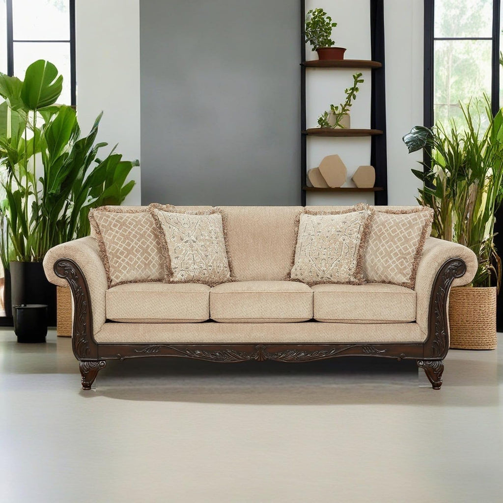 Hernen Carved Wood Frame 5-Piece Living Room Set, Beige Wheat