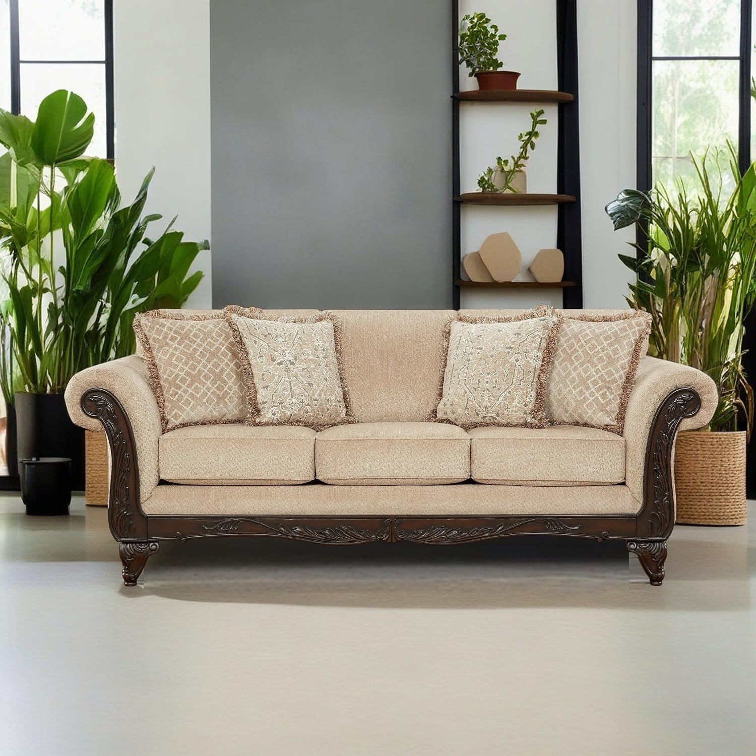 Hernen Carved Wood Frame 5-Piece Living Room Set, Beige Wheat