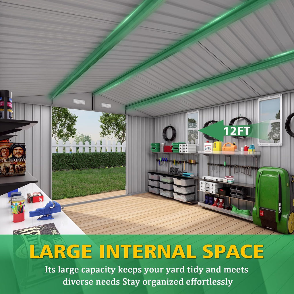 10x12 FT Outdoor Metal Storage Shed, Large Garden Tool Organizer with Double Doors and Two Windows, Waterproof Walk-in Backyard Storage Shed for Lawn, Patio, Poolside, Gray