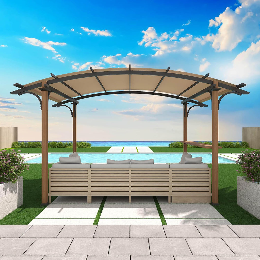 8.5' x 13' Outdoor Pergola, Metal Gazebo with Arched Top Canopy, Shelves, Bar Top, Natural Wood Looking Frame Pergola for Backyard, Garden, Patio.Beige