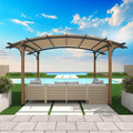 8.5' x 13' Outdoor Pergola, Metal Gazebo with Arched Top Canopy, Shelves, Bar Top, Natural Wood Looking Frame Pergola for Backyard, Garden, Patio.Beige