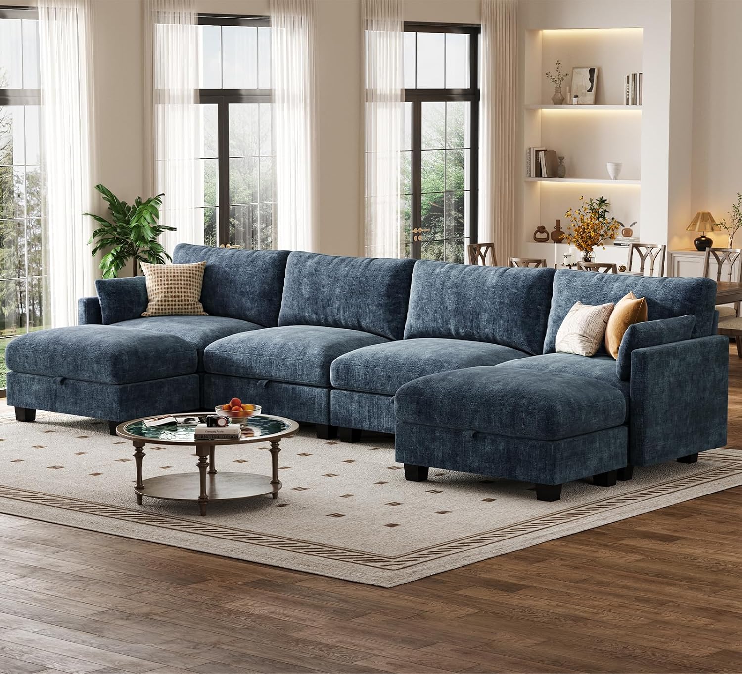 Modular Sectional U Shaped Sofa Couches for Living Room, Cloud Couch with Storage Ottoman, Comfy Chenille Sofa with Pillow, Blue