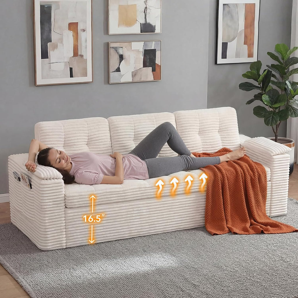 83' Boneless Couch, 3-Seater Cloud Corduroy Sofa in a Box with Deep Tufted Cushions, Zero Assembly, Removable Washable Cover, Family-Friendly Living Room Couch, Beige