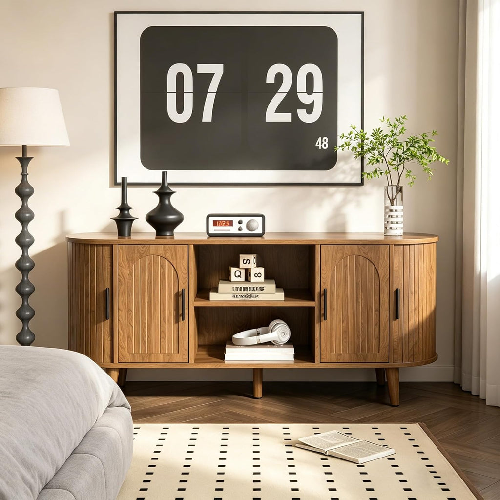 Mxtxmy 51' Fluted TV Stand, Mid-Century Modern Entertainment Center for Tvs up to 60' with Drawers and Fluted Doors, Curved TV Media Console Table with Sliding Doors for Living Room, Bedroom (51')