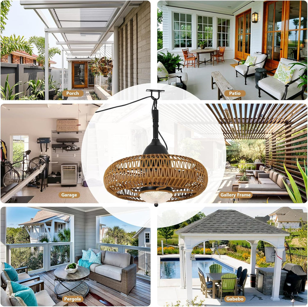 Waterproof Outdoor Ceiling Fan with Lights Remote Control, Wet Rated Gazebo Fan with 3 Color Temperatures&Dimmable LED Light, Boho Rattan Plug in Ceiling Fan for Indoor Bedroom/Outdoor Patios