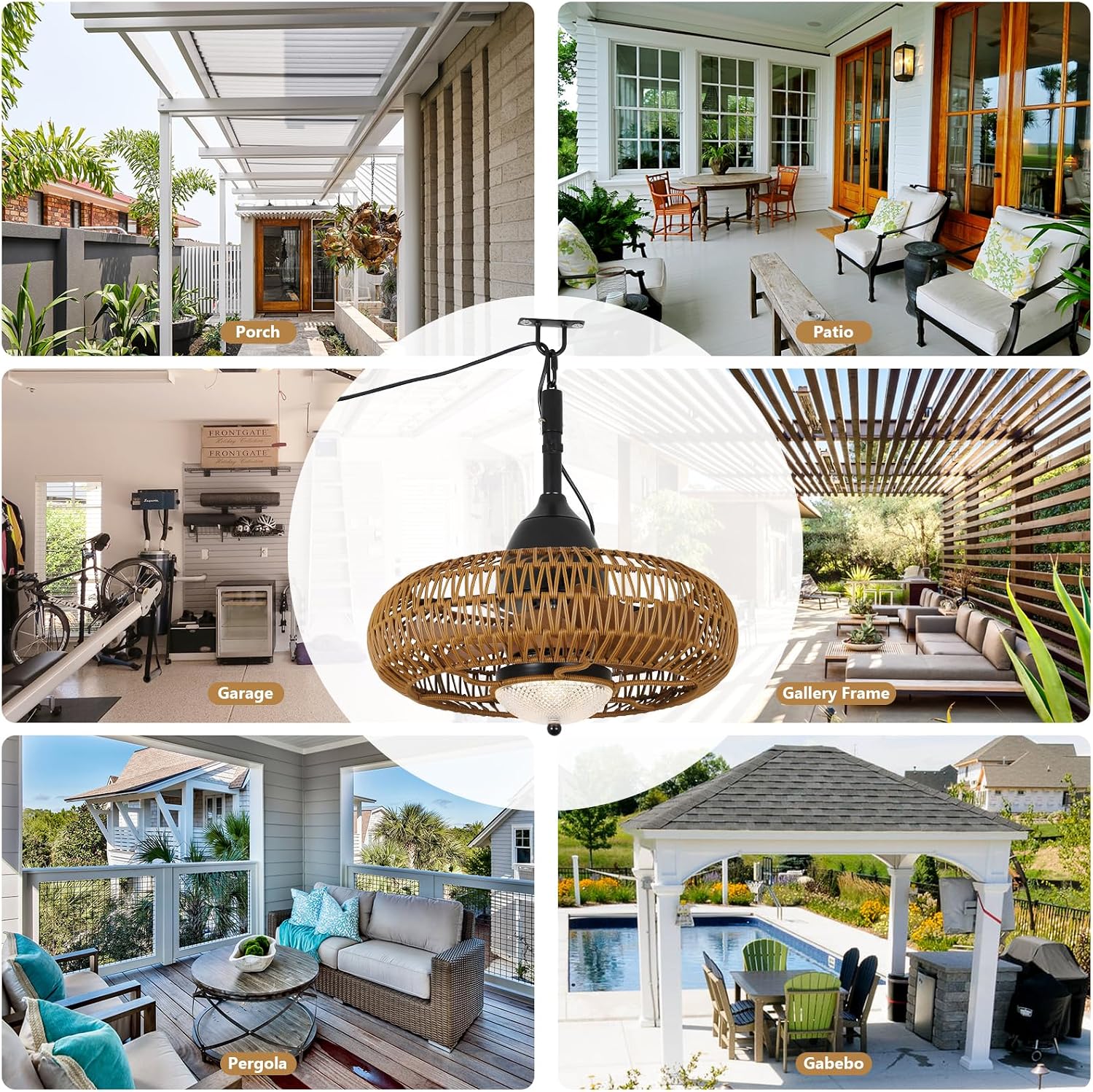 Waterproof Outdoor Ceiling Fan with Lights Remote Control, Wet Rated Gazebo Fan with 3 Color Temperatures&Dimmable LED Light, Boho Rattan Plug in Ceiling Fan for Indoor Bedroom/Outdoor Patios