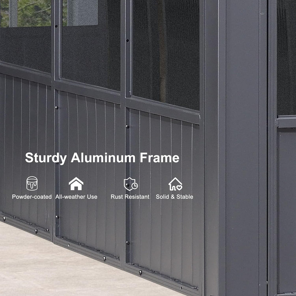 PURPLE LEAF 12' X 16' Solarium Sunroom Permanent Hardtop Gazebo Galvanized Steel Double Roof Aluminum Outdoor Screen House for Lawn Deck Backyard Grey
