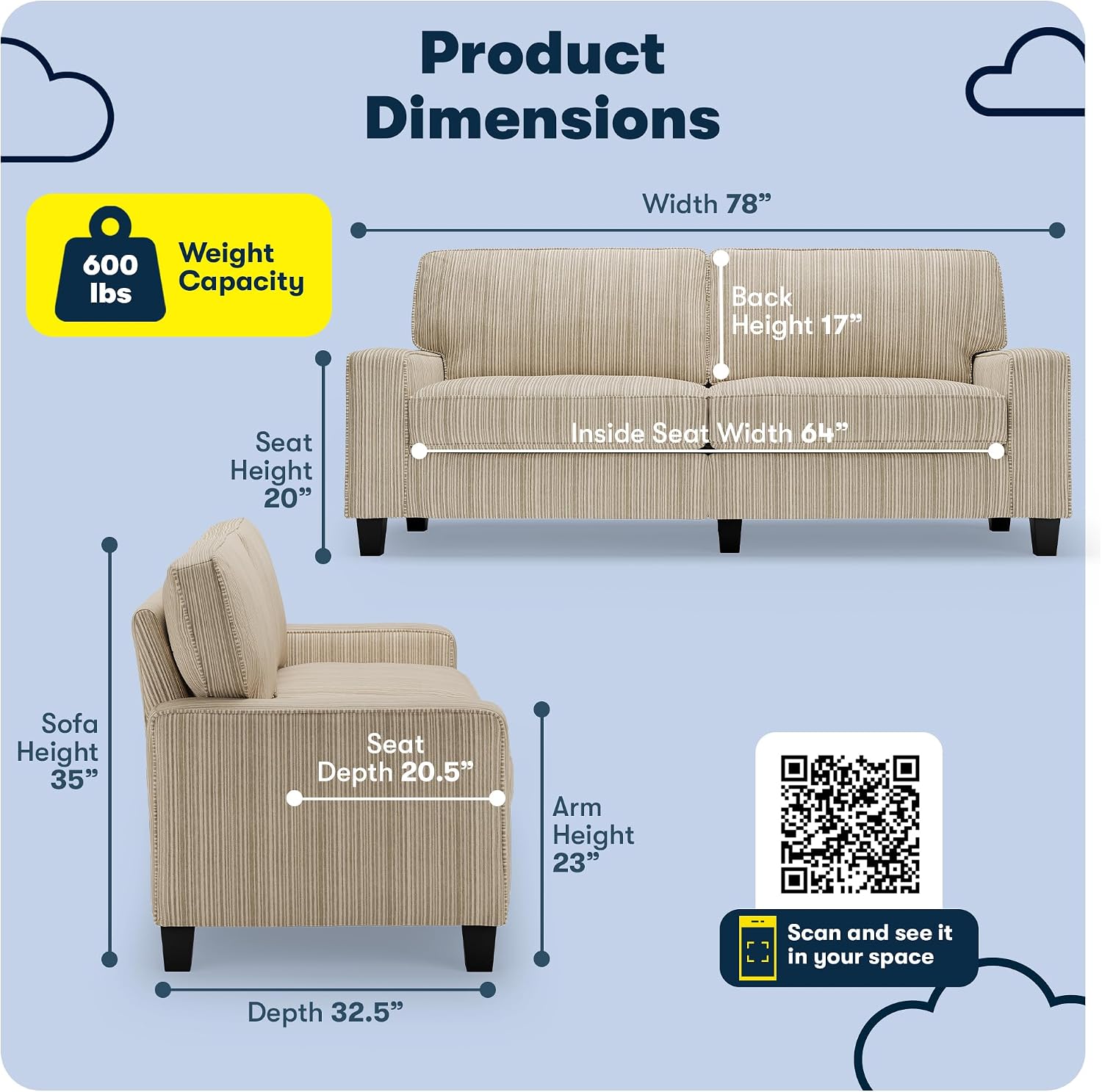 Serta Palisades 78' Track Arm Sofa, Easy Care Polyester, Soft Pillow Back, Pocket Coil Seat Cushions, Removable Covers, Loveseat or Couch for Small Spaces, Living Rooms or Bedrooms, Beige