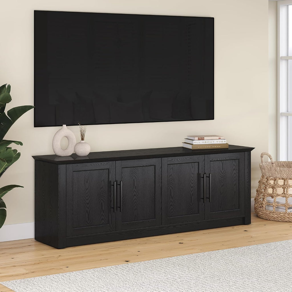 Henn&Hart TV Stand for TVs up to 78' with 2 Conceal Storage Cabinets and Adjustable Shelves for Living Room, Family Room, or Office, Natural Black