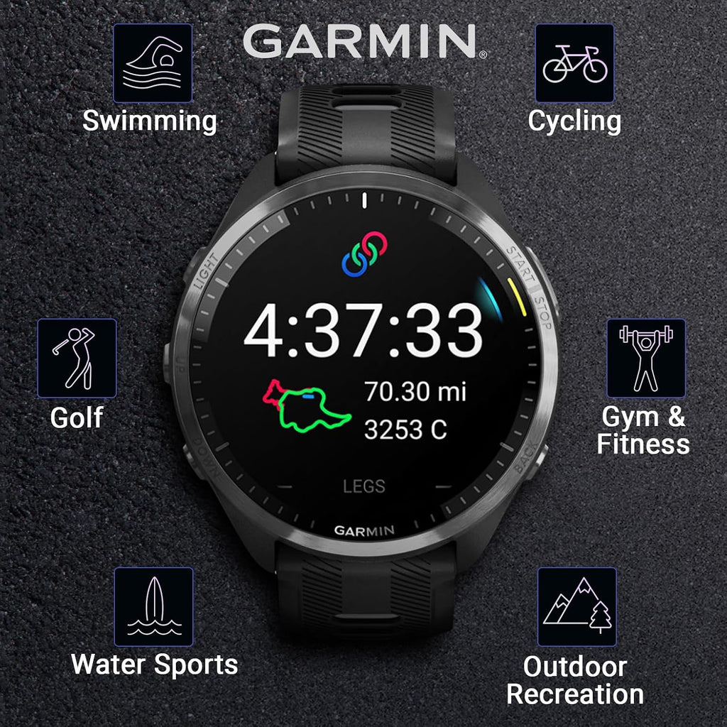 Garmin Forerunner 965 Premium GPS Running and Triathlon 47mm Smartwatch with AMOLED Touchscreen Display, Carbon Gray DLC Titanium Bezel Black Silicone Band E-Bank Bundle, Black +E-bank