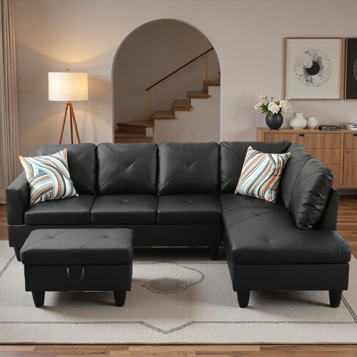 97.5' L Shaped Couch Set, Modular Sectional Couches for Living Room with Storage Ottoman, 4 Seat Home Sofa Living Room Furniture Sets with Chaise for Apartment Office (Faux Leather, Black)