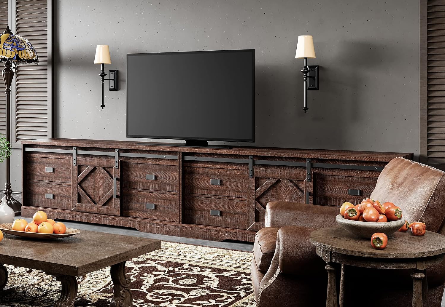 WAMPAT 118' Wide Modern Farmhouse 2 in 1 TV Stand for up to 130' TVs,Faux Bark Finish Wood Entertainment Center with 8 Drawers and Sliding Barn Doors for Living Room, Rustic Brown