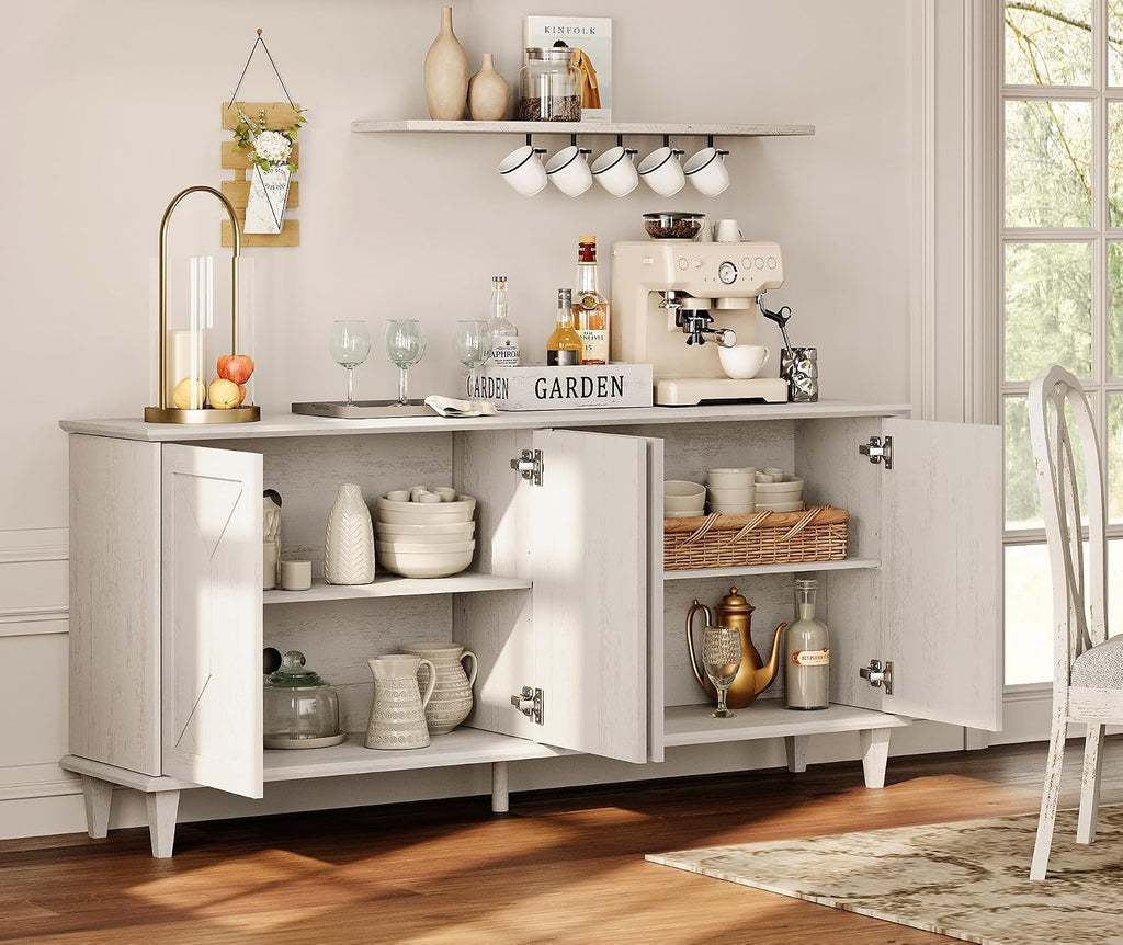 WAMPAT 130' Large Double Unit Entertainment Center TV Stand, Modern Farmhouse Console with Handcrafted Patchwork Doors, Massive Storage with Adjustable Shelves & Cable Management,Pale Oak