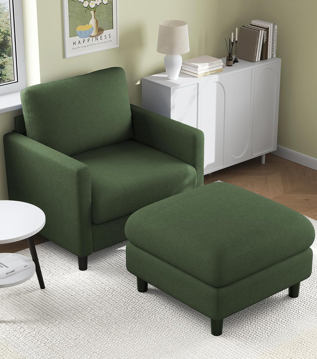 Welzona Sofa Accent Chair with Ottoman, 33' Reading Chair and Ottoman Set for Bedroom, Tool-Free Setup Living Room Accent Chairs, Comfy Arm Chairs Living Room, All-Wood Reading Nook, Green