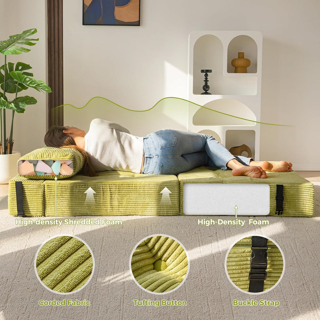 MAXYOYO Folding Sofa Bed, Convertible Sofa Bed with High-Density Support Foam, Portable 4 in 1 Fold Out Chair to Floor Lounger, Versatile Floor Couch for Living Room Bedroom, Green