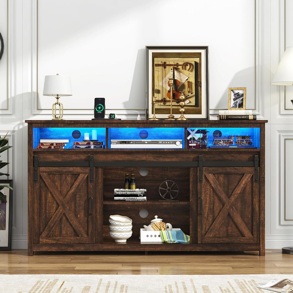 LED Farmhouse TV Stand for 65 inch TVs, Rustic Entertainment Center TV Cabinet Stands with Power Outlets, Wooden Sliding Barn Door TV Media Console Table Storage and Shelves, Brown
