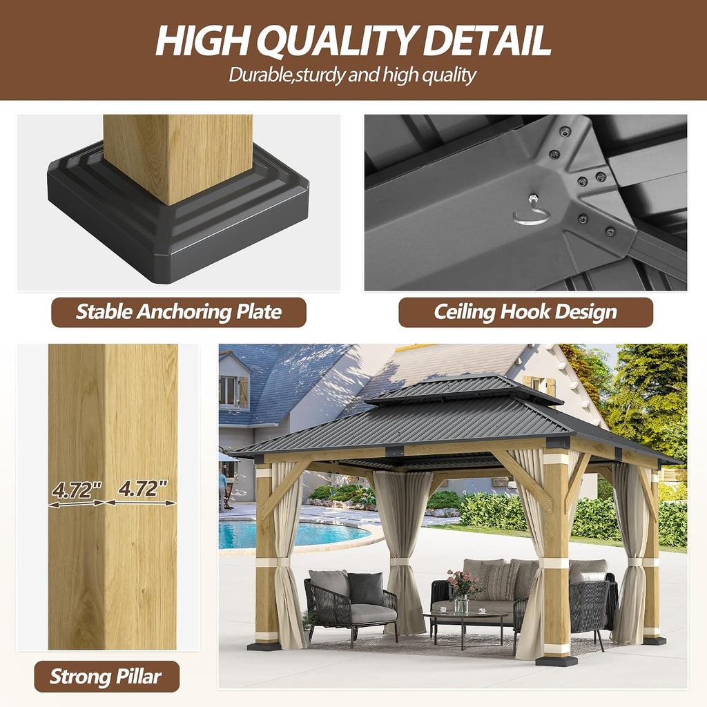 10' x 12' Wood Gazebo,Outdoor Cedar Wood Hardtop Gazebo with Galvanized Steel Doule Roof, Wooden Frame Gazebo with Netting and Curtains for Patio Backyard Deck