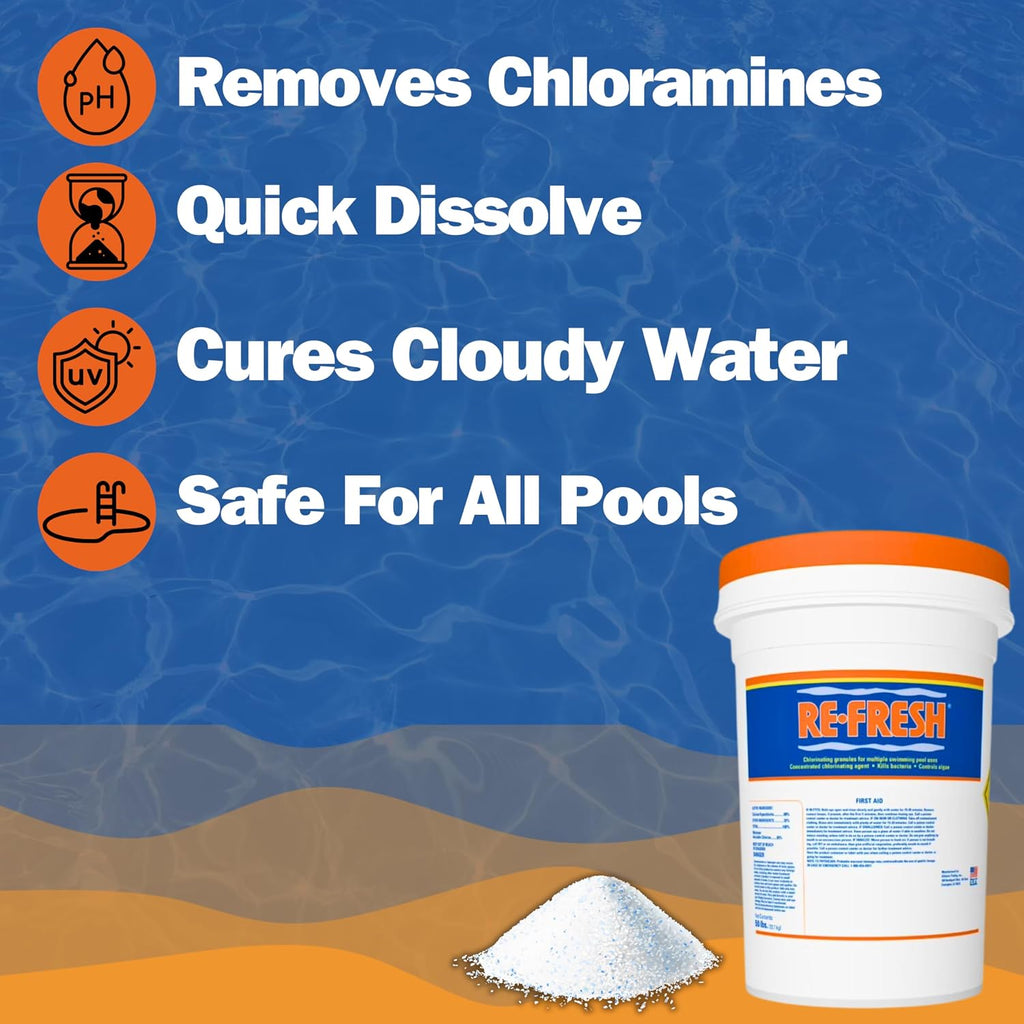 Refresh Granular 68% Active Chlorine Shock | 50-Pound Bucket with 1/2 Pound Scoop | Perfect for Swimming Pools, Use As Bactericide, Algaecide, Disinfectant in Pools & Spas | Fast Dissolving - 50LB