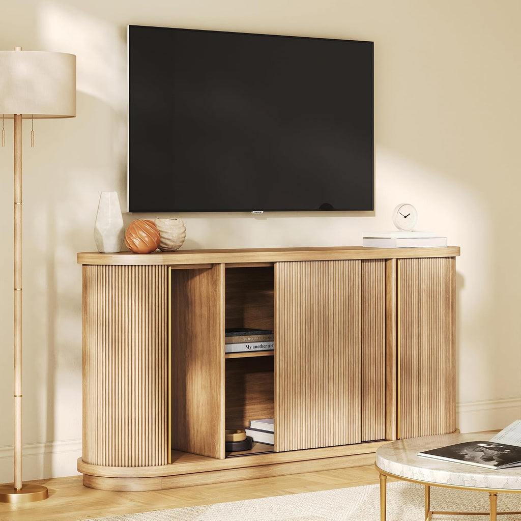 BELLEZE 67' Width 32' Tall Fluted TV Stand, Curved Entertainment Center with Sliding Tambour Doors,Media Console Table for TV up to 75' for Living Room (Camel)