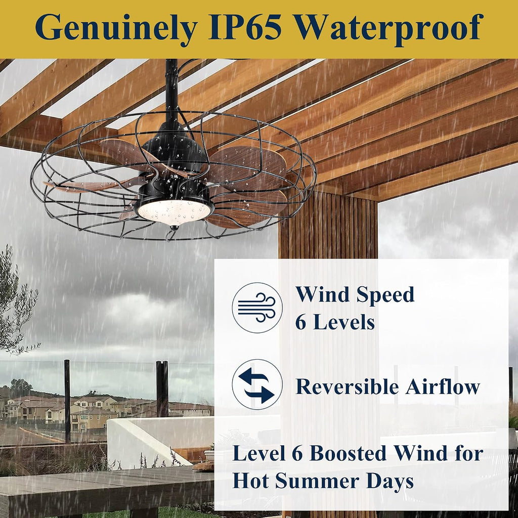 NORFOLK Gazebo Ceiling Fans with Light, 24 Inch Waterproof Outdoor Fan with Dimmable LED Lights, Wet Rated Plug In and Remote for Patios and Pergola, 3 Color Led Lighting, Hanging with Hook