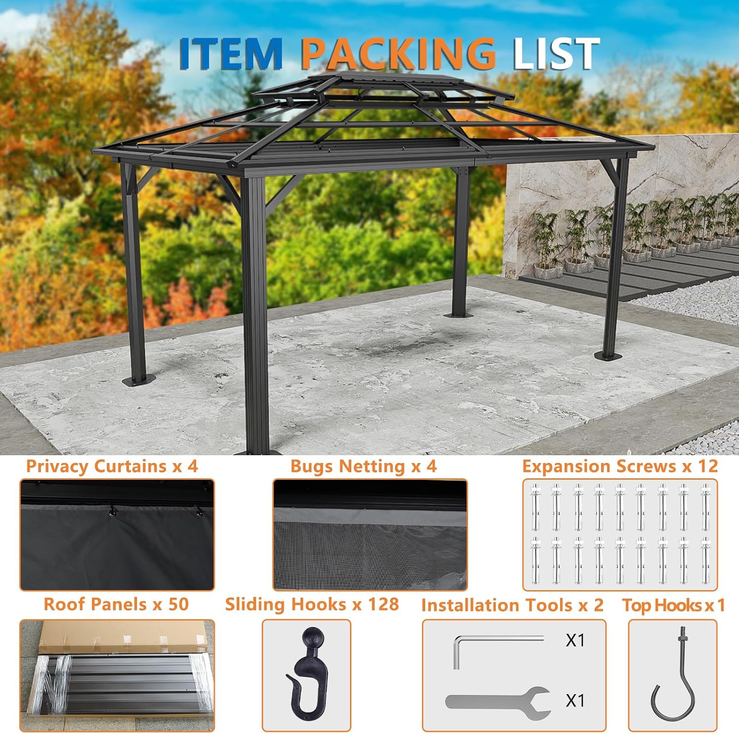 HOTEEL 10x15 Hardtop Gazebo On Clearance with Heavy Duty Galvanized Steel Metal Roof, Patio Hard Top Gazebo with Curtains & Netting,Outdoor Permanent Hot tub Gazebo Pavillon for Backyard,Deck,Black