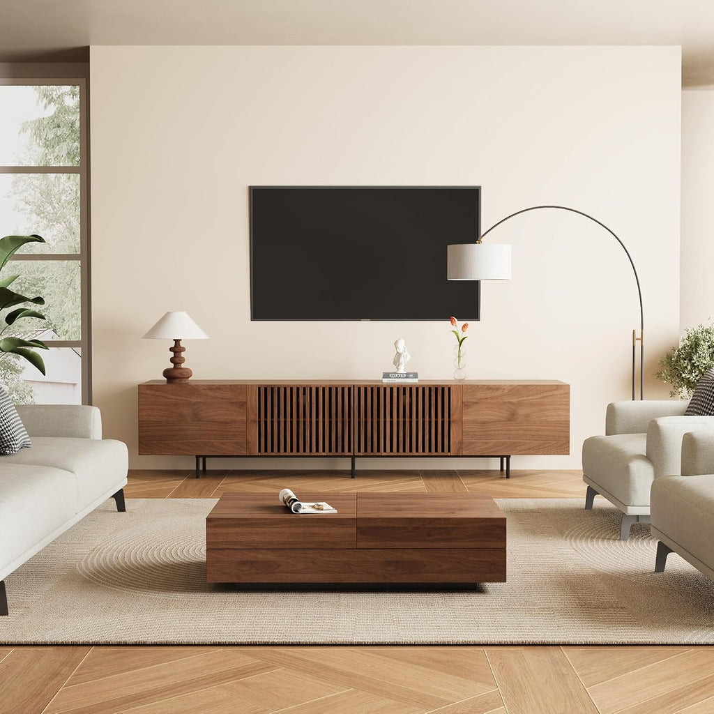 Mid Century Modern TV Stand for 80+ Inch TVs, 94.48' Walnut Console with Ample Storage – Stylish Entertainment Center for Living Room or Bedroom