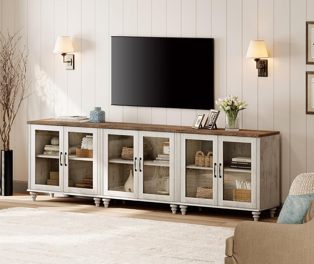 WAMPAT Farmhouse TV Stand for 100 Inch TV, Glass Wooden Universal TV Stand with 3 Storage Cabinets, Entertainment Center for 75/80/85/90 Inch TV, Console Table for Living Room, Bedroom, Rustic White