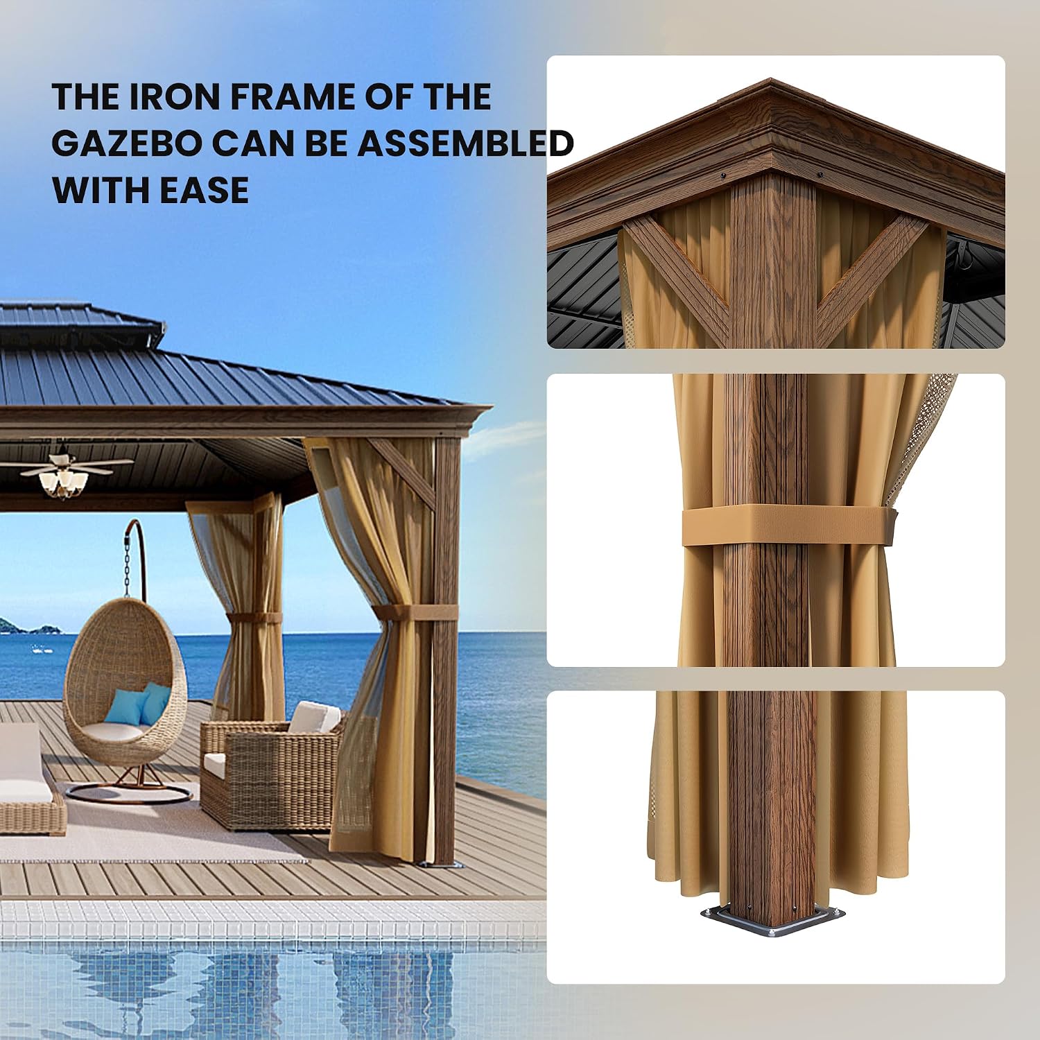 SUNBURY 10'x 12' Hardtop Gazebo, Double Roof Metal Gazebo, Outdoor Aluminum Frame Gazebos with Mosquito Netting and Privacy Screen for Patio, Backyard, Lawn, Garden, Deck, Wooden Look (Black Walnut)